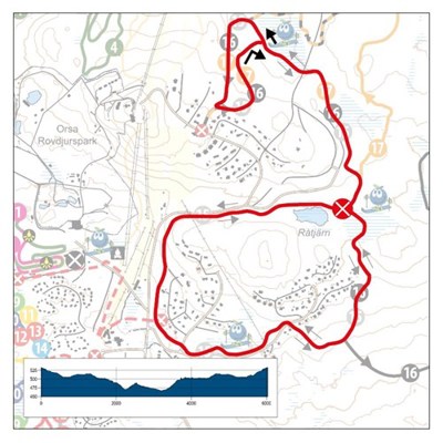 Karta och höjdprofil över Stugspåret 6,1 km