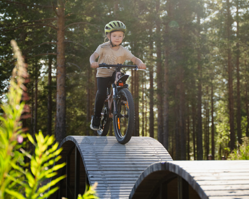 Barn cyklar över vågformad skills trail i skog