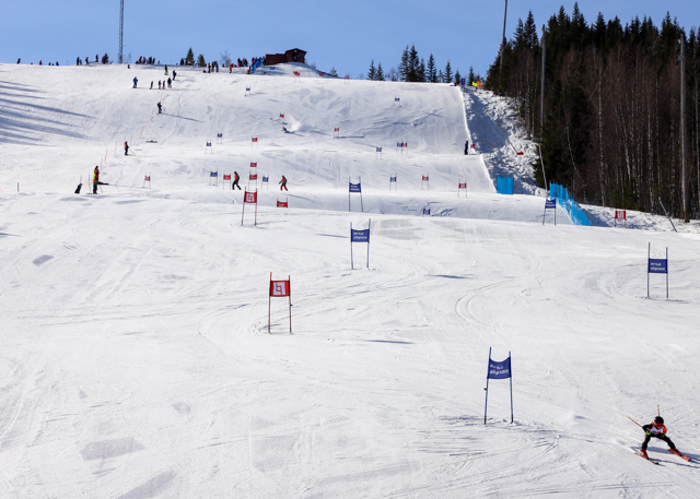 Skidbacke med åkare som kör mellan portar i en bana under klar himmel.