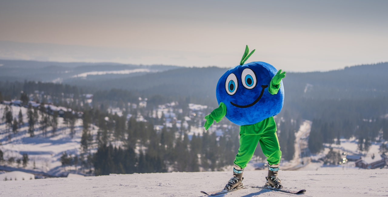 Maskoten Bärra, en stor blåbärsfigur med glatt ansikte, åker skidor i ett snötäckt landskap med utsikt över skog och backar i Orsa Grönklitt.