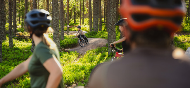 En familj cyklar i en skog, med fokus på ett barn som cyklar framför de vuxna.