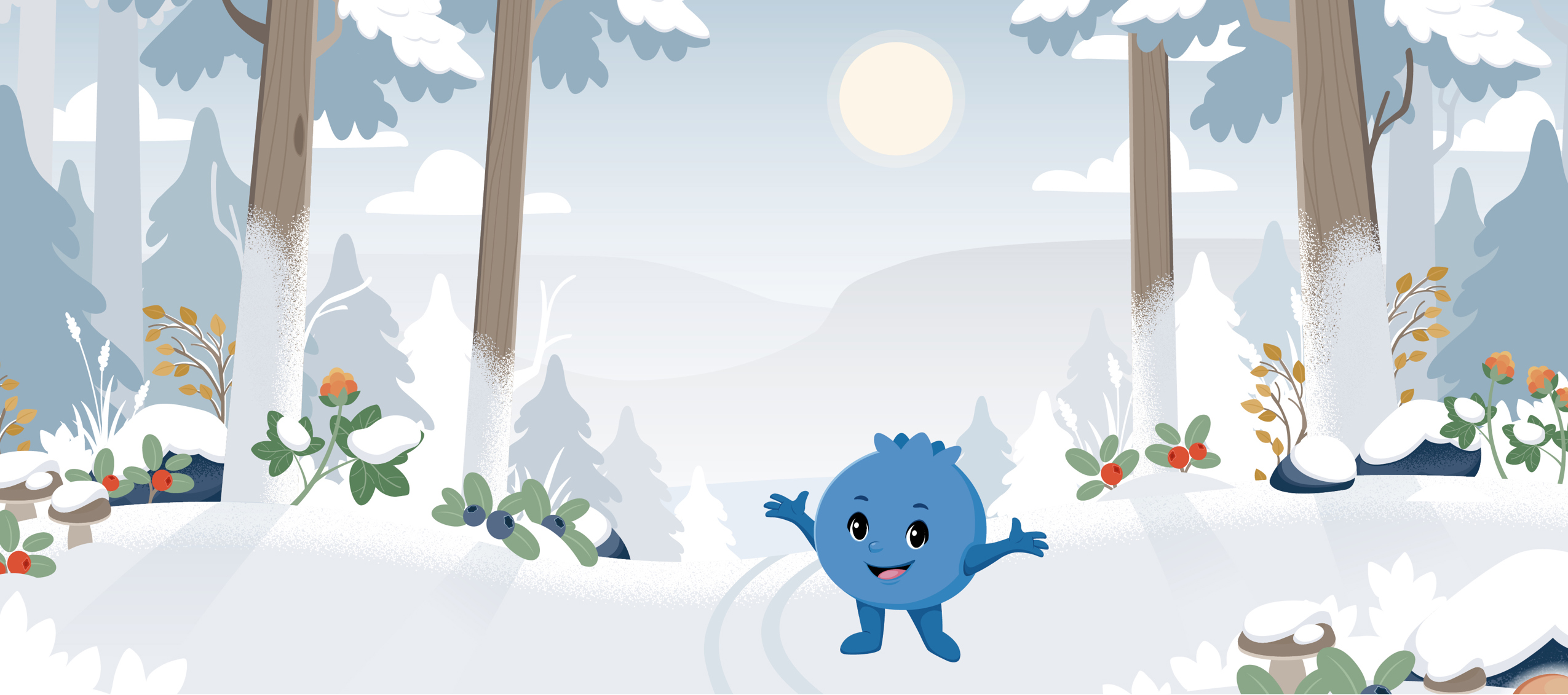 Illustration av Blåbäret Bärra som står glatt i en snötäckt skog med träd, blåbär och lingon runt omkring.