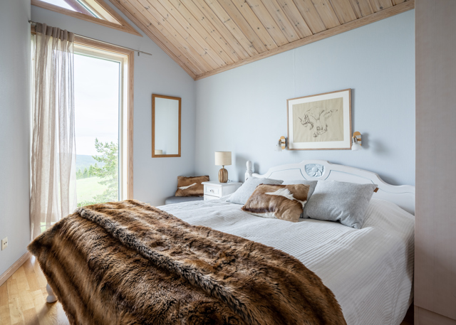 Bright bedroom with sloped ceiling, double bed, and large windows.