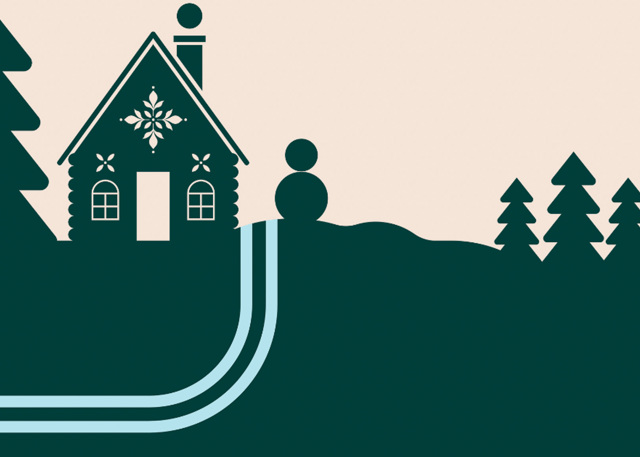 Illustration av en vintermiljö med stuga, snögubbe, granar och skidspår.