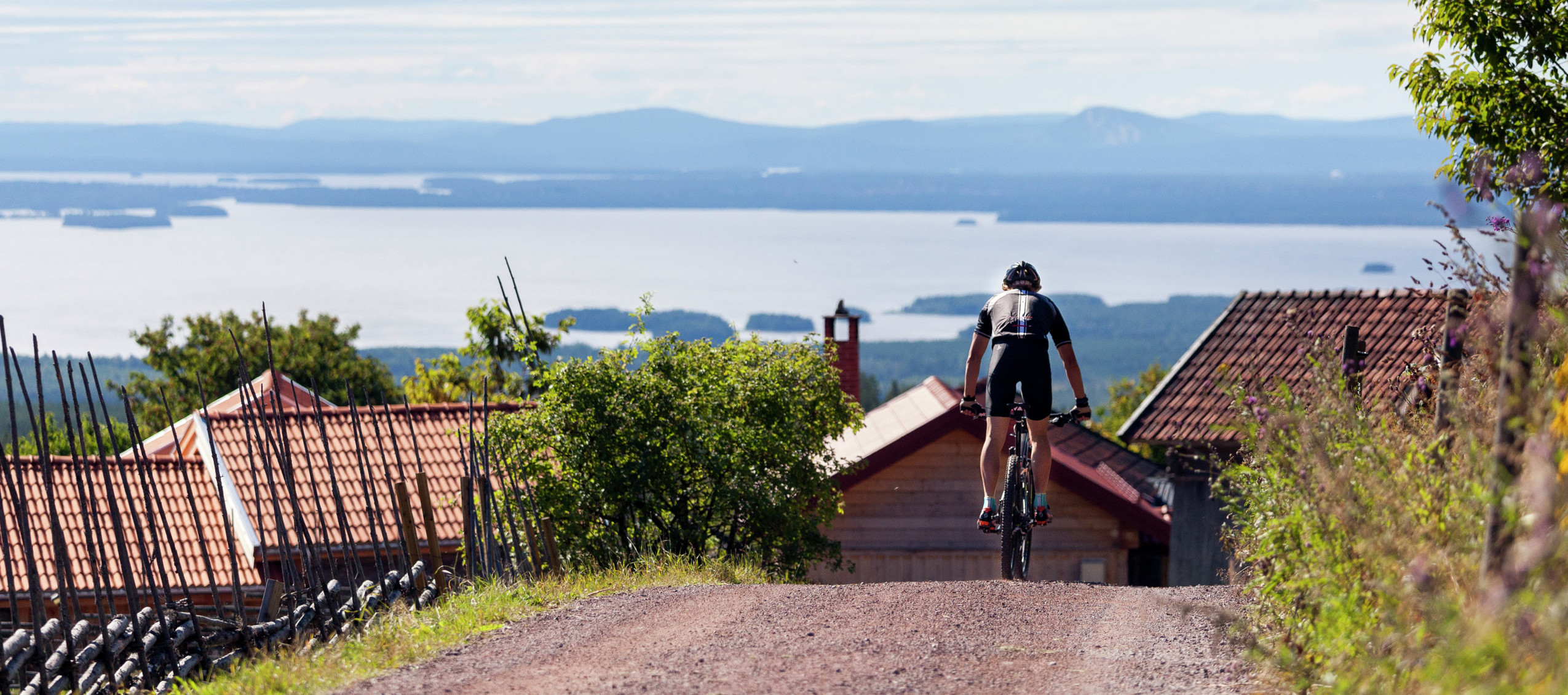 En cyklist trampar uppför en väg med utsikt över sjön Siljan och det dalaskogiga landskapet i bakgrunden.