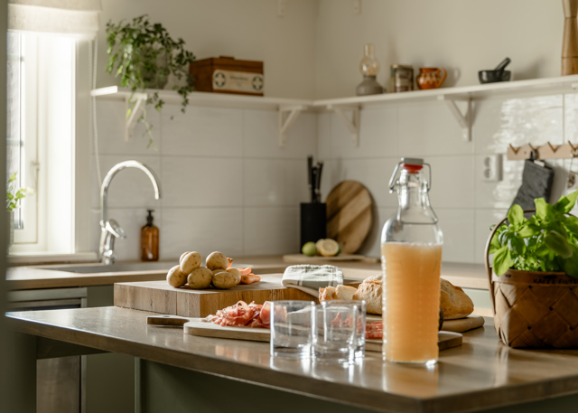 Kök med ljusa kakelväggar och öppna hyllor, där potatis, charkuterier, bröd, basilika och en flaska dryck står framme på köksön i förberett matsällskap.