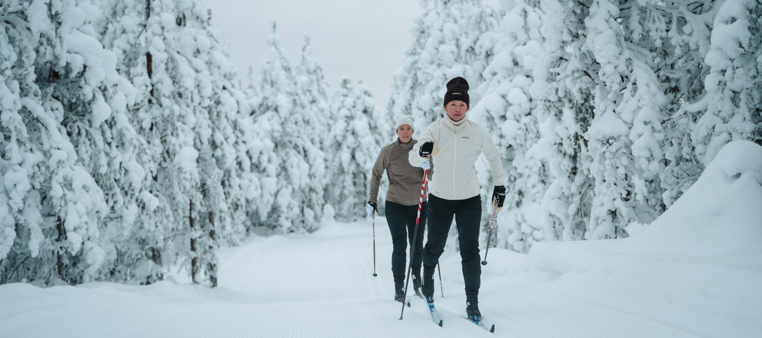 Två personer åker längdskidor på ett preparerat spår genom en snötäckt skog.