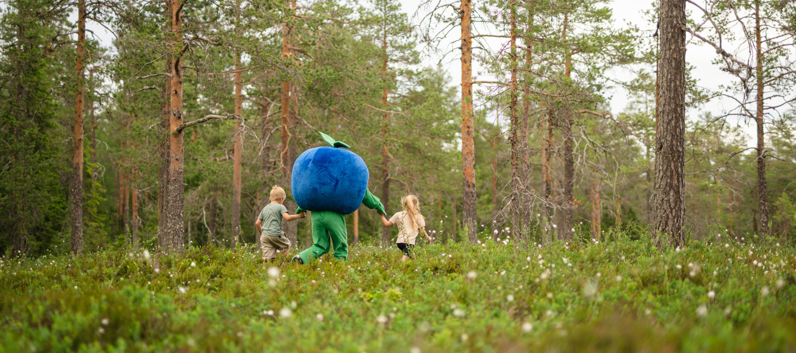 Två barn går hand i hand med maskoten Blåbäret Bärra genom en grön skog.