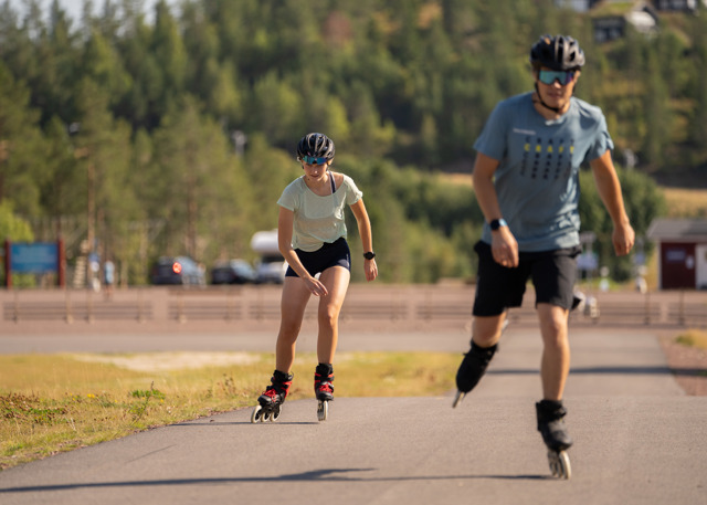 To personer står på rulleskøjter på en asfalteret vej i sommersolen.