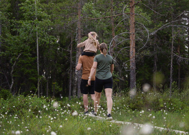 En familj promenerar längs en spång genom en somrig skog. En man bär ett barn på axlarna och en kvinna går bredvid, med ryggen mot kameran.