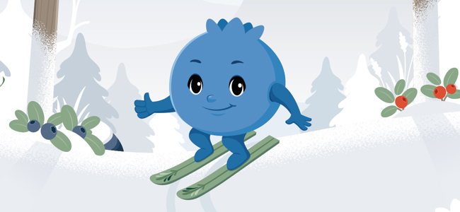 Illustration av Blåbäret Bärra som åker skidor i en snötäckt skog med blåbärsris och lingon runtomkring.