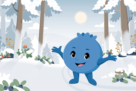 Illustration av Blåbäret Bärra som står glatt i en snötäckt skog med träd, blåbär och lingon runt omkring.