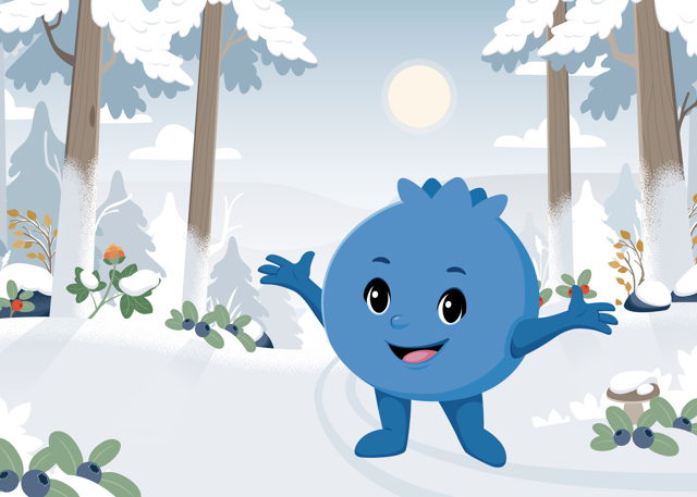 Illustration av Blåbäret Bärra som står glatt i en snötäckt skog med träd, blåbär och lingon runt omkring.