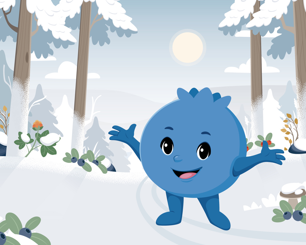 Illustration av Blåbäret Bärra som står glatt i en snötäckt skog med träd, blåbär och lingon runt omkring.