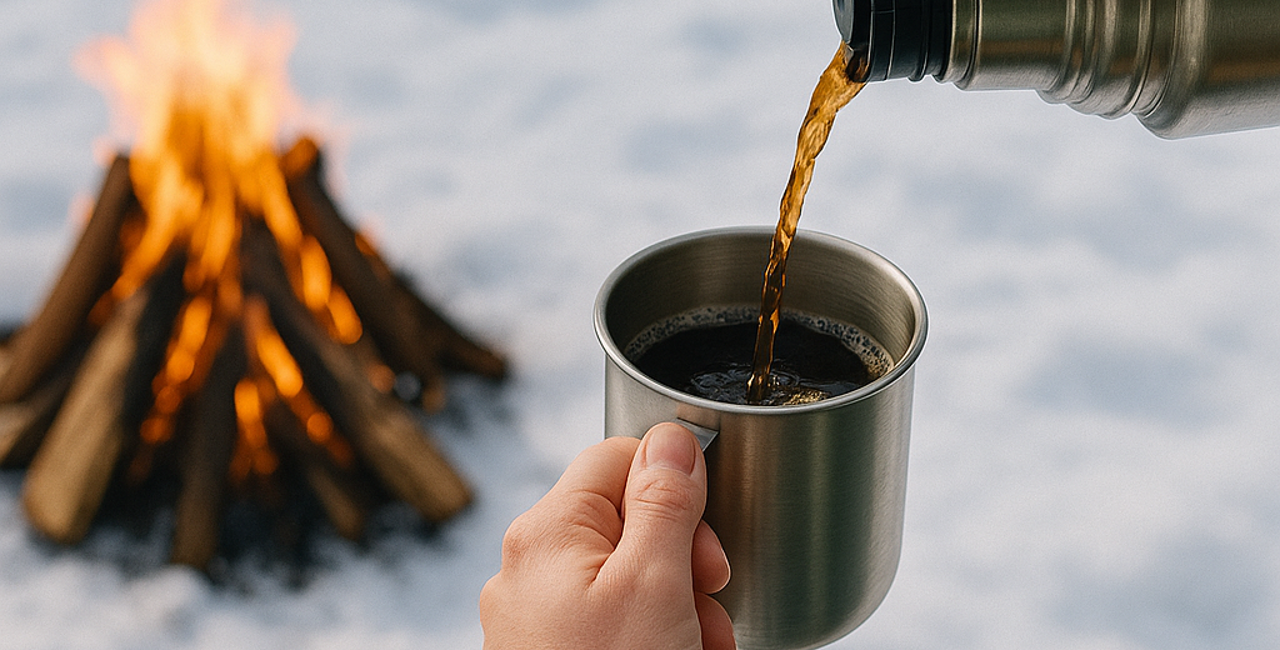 En person häller kaffe från en termos i en metallmugg framför en lägereld i ett snötäckt vinterlandskap.