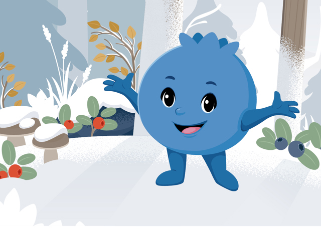 Illustration of Blåbäret Bärra standing with arms outstretched in a snowy forest surrounded by berries and mushrooms.