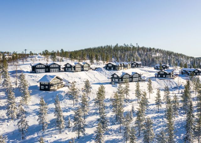 Sort-hvide fjeldhytter i et nybygget område på en snedækket skråning omgivet af skov.