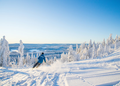 Person åker skidor i en solig pist omgiven av snötyngda träd med utsikt över ett vinterlandskap.
