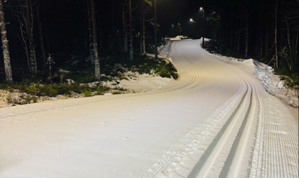 Upplyst preparerat längdskidspår som slingrar sig genom skog i mörker.