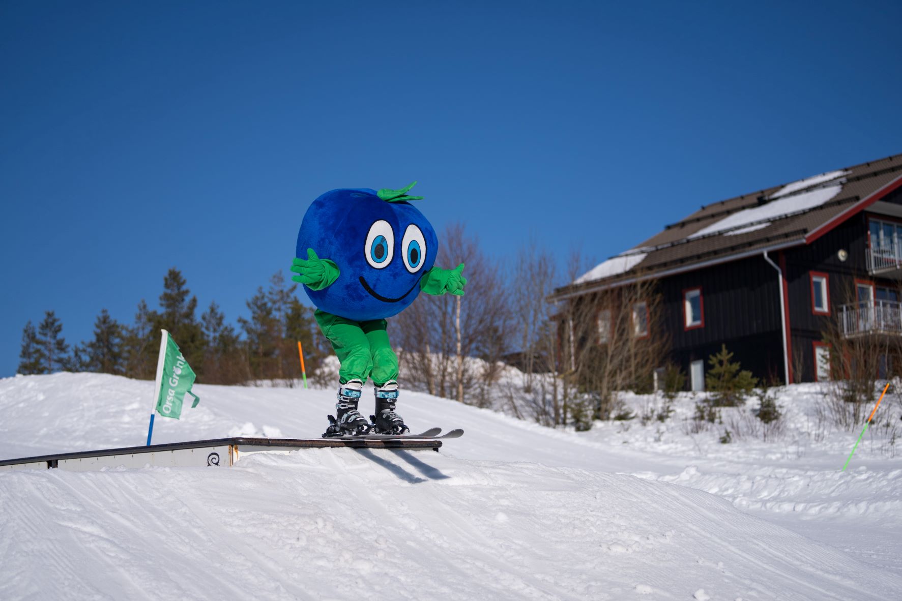 The Bärra mascot jumps on skis in a snowpark on a sunny winter day.