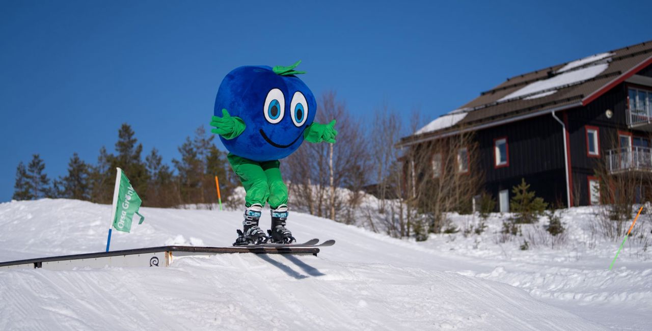 The Bärra mascot jumps on skis in a snowpark on a sunny winter day.