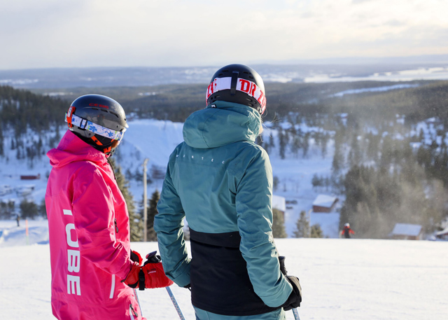 Two skiers wearing helmets look out over a winter landscape from the top of a slope.