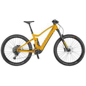 Orange heldämpad el-mountainbike med grova däck och kraftfull ram.