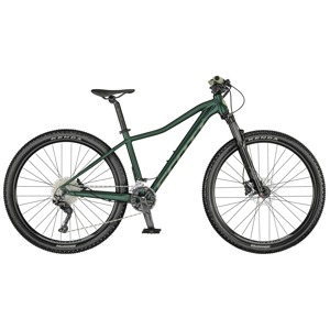 Mörkgrön mountainbike med växlar, skivbromsar och dämpad framgaffel.