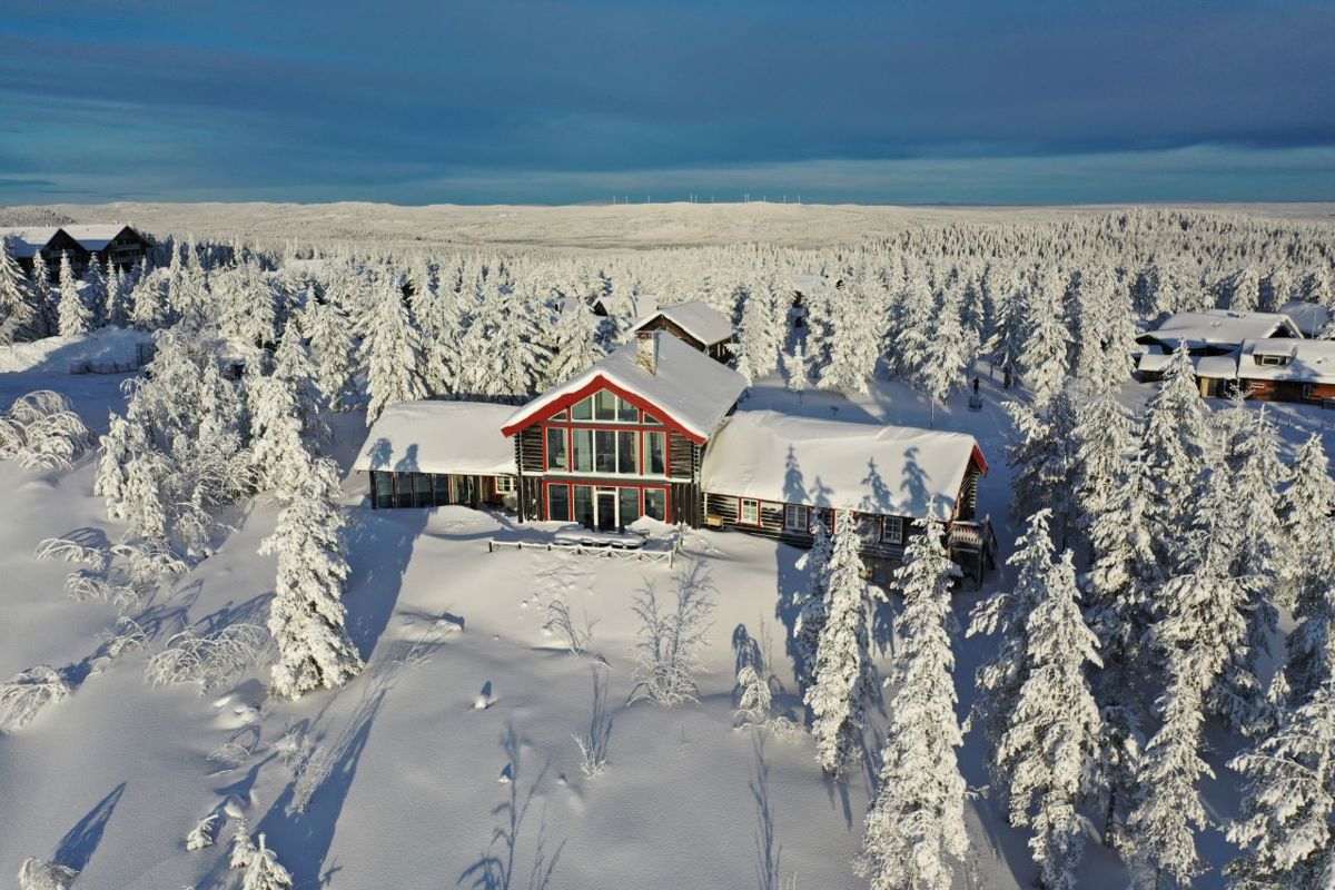 Luftfoto av en stor fjällstuga omgiven av snötäckta träd och vidsträckt vinterlandskap under klar himmel.