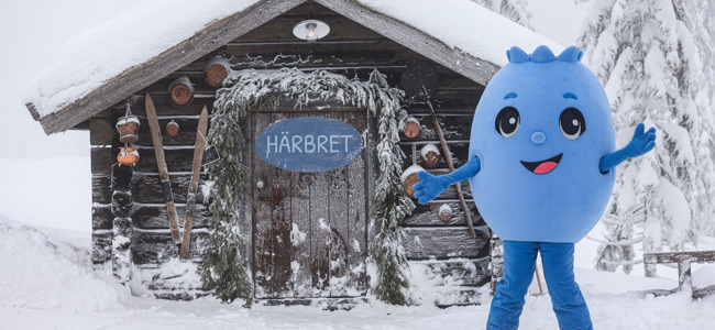 Blå maskot på skidor framför en snötäckt trästuga med skylten Härbret.
