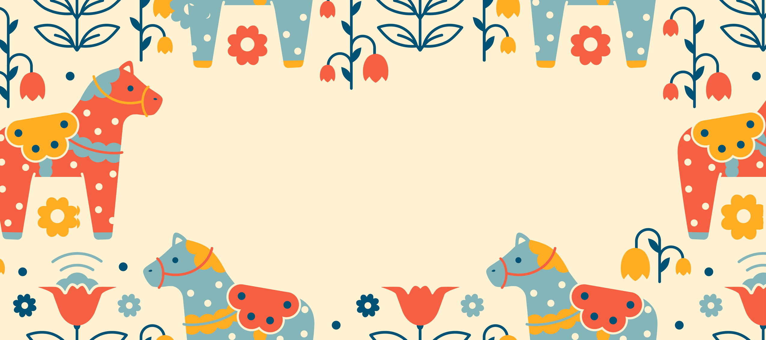 Dekorativ illustration med röda och blå dalahästar och blommor i folkloristisk stil runt en ljusgul bakgrund med tom yta i mitten.