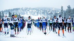 Startfält Craft Ski Marathon i Orsa Grönklitt, flera hundra längdskidåkare väntar på att få starta.