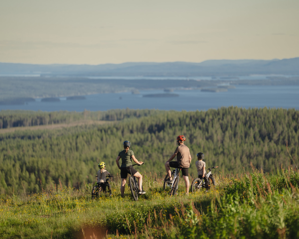Personer med cyklar på höjd med utsikt över skog och sjöar