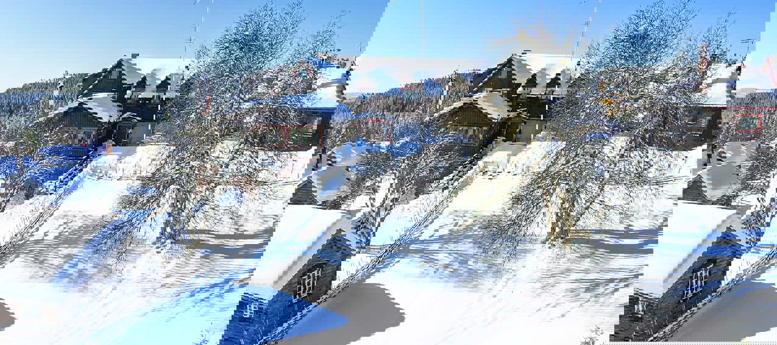 Winter view of Fryksås Hotel & Inn with snow-covered wooden houses and surrounding forest in sunlight.