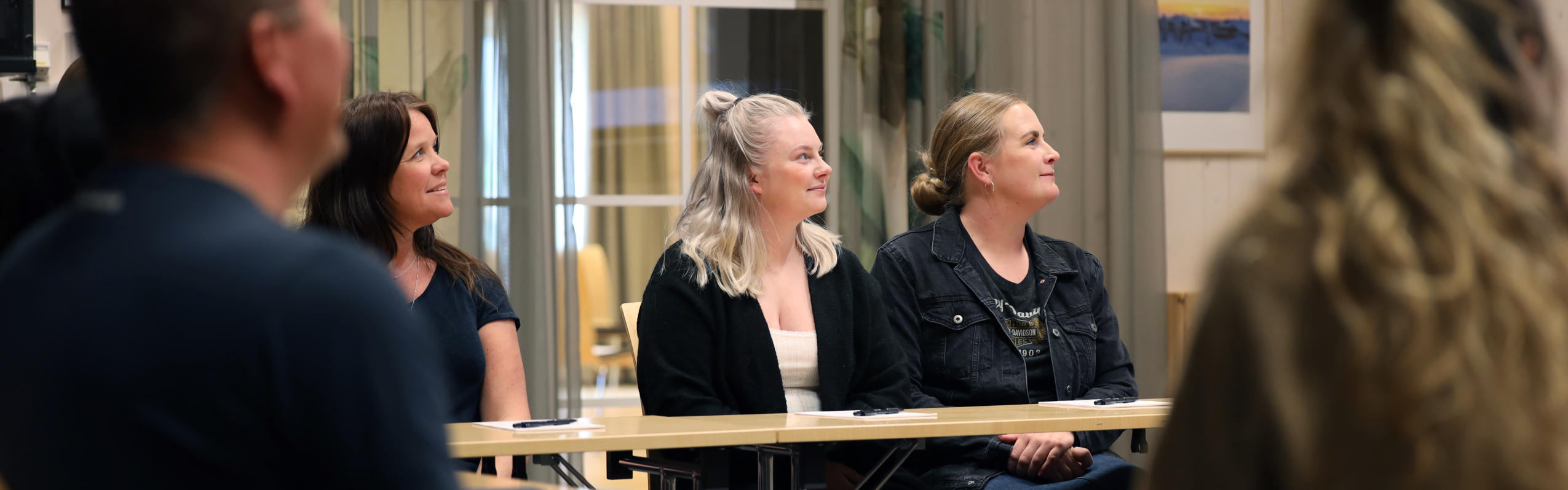 Vuxna sitter vid bord i ett mötesrum och lyssnar under en presentation.