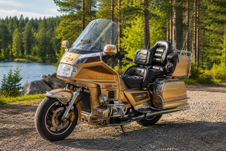 Gul touringmotorcykel parkerad vid en sjö med skog i bakgrunden.