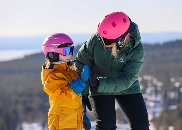 Woman and child wearing pink helmets high-five on the ski slope, with a snowy landscape and distant view in the background.