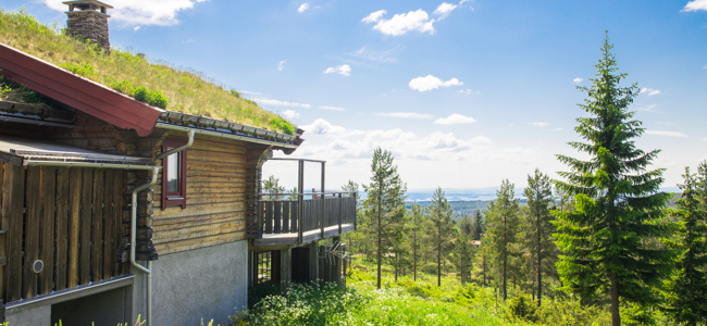 Trähus med grönt tak i fjällmiljö med utsikt över skog och sommarlandskap.
