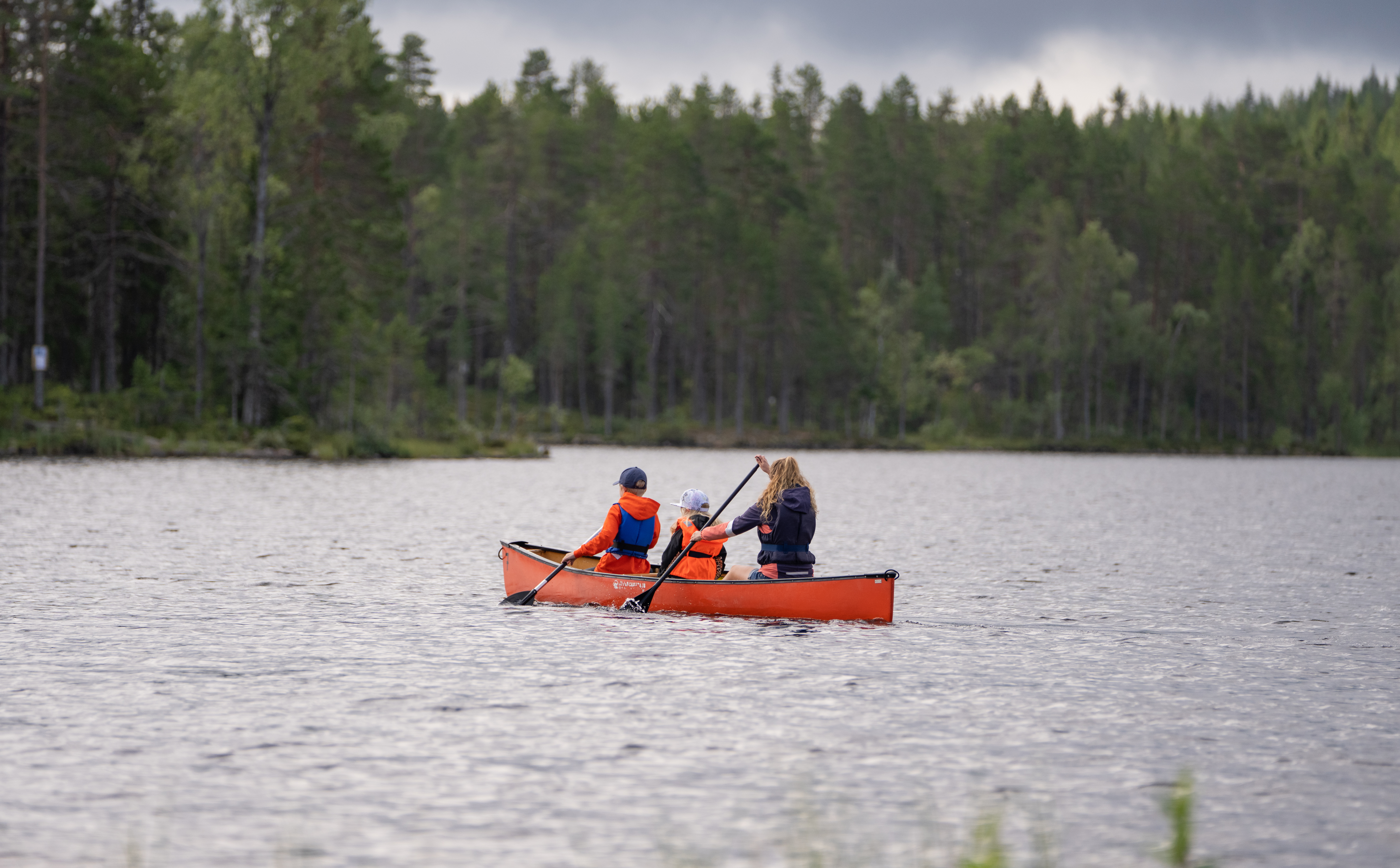 Tre personer paddlar kanot på Rädsjön nära skog