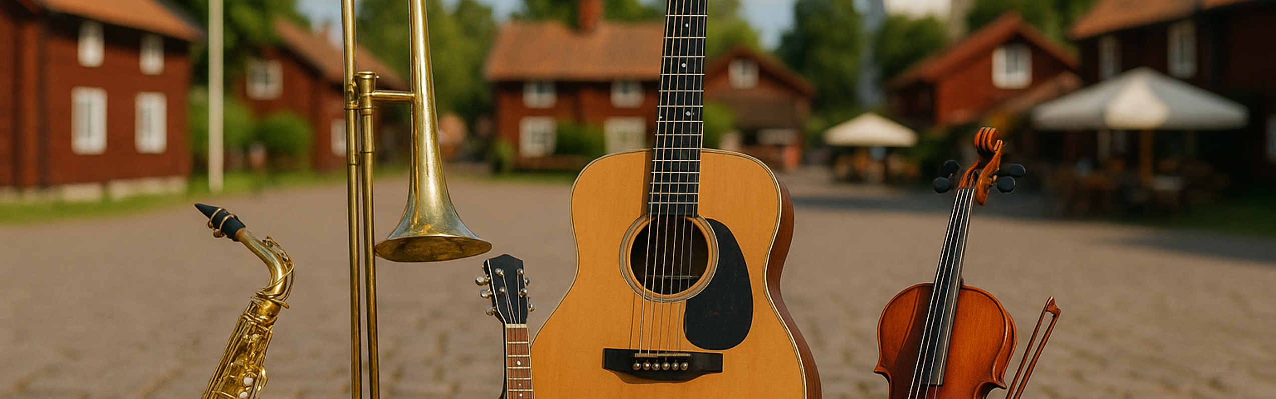 Saxofon, trombon, banjo, gitarr, trumma och fiol uppställda på kullerstensgata i svensk bymiljö, med röda trähus och kyrktorn i bakgrunden.