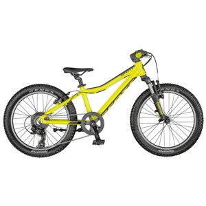 Gul barncykel med växlar, handbromsar och dämpad framgaffel.
