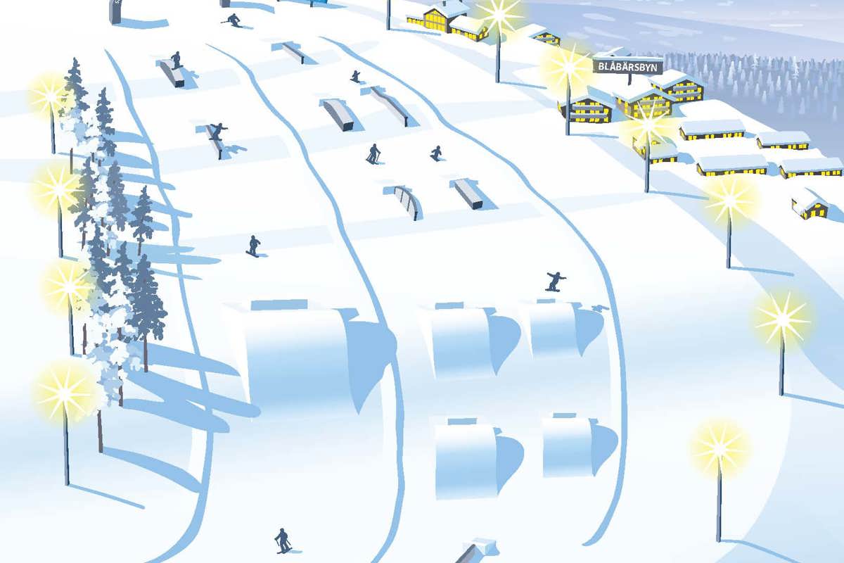 Illustrerad karta över en snowpark med rails, hopp, skid- och snowboardåkare samt närliggande boendeområden markerade med skyltar.