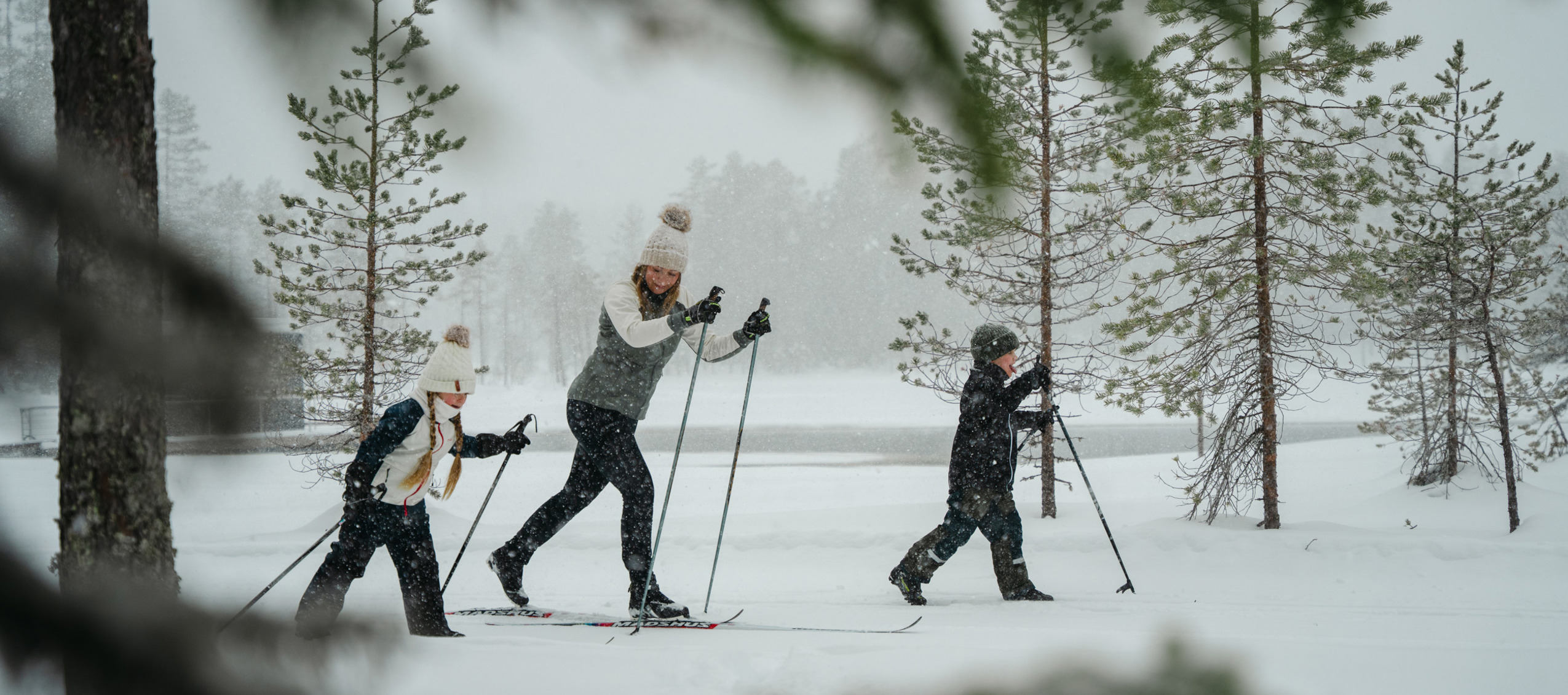 Vuxen och två barn åker längdskidor i snöigt skogslandskap