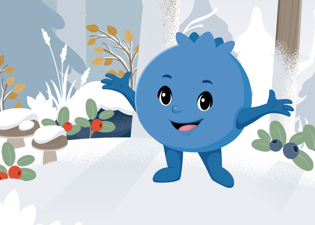 Illustration av Blåbäret Bärra som står med armarna utsträckta i en snötäckt skog med bär och svampar runt sig.