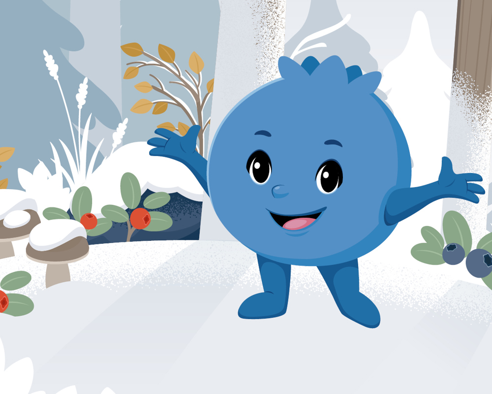 Illustration of Blåbäret Bärra standing with arms outstretched in a snowy forest surrounded by berries and mushrooms.