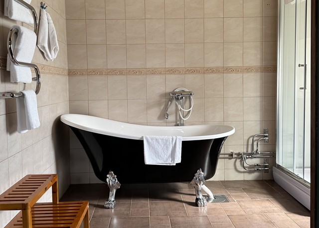 Bright bathroom with freestanding black clawfoot bathtub and towels on wall rack.