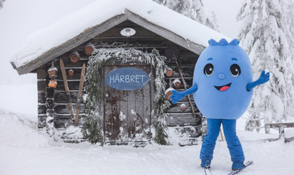 Blå maskot på skidor framför en snötäckt trästuga med skylten Härbret.