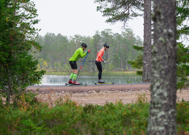 Två personer rullskidar med stavar längs väg vid sjö i skog