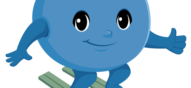 Illustration av Blåbäret Bärra som åker skidor med ett leende och tummen upp.