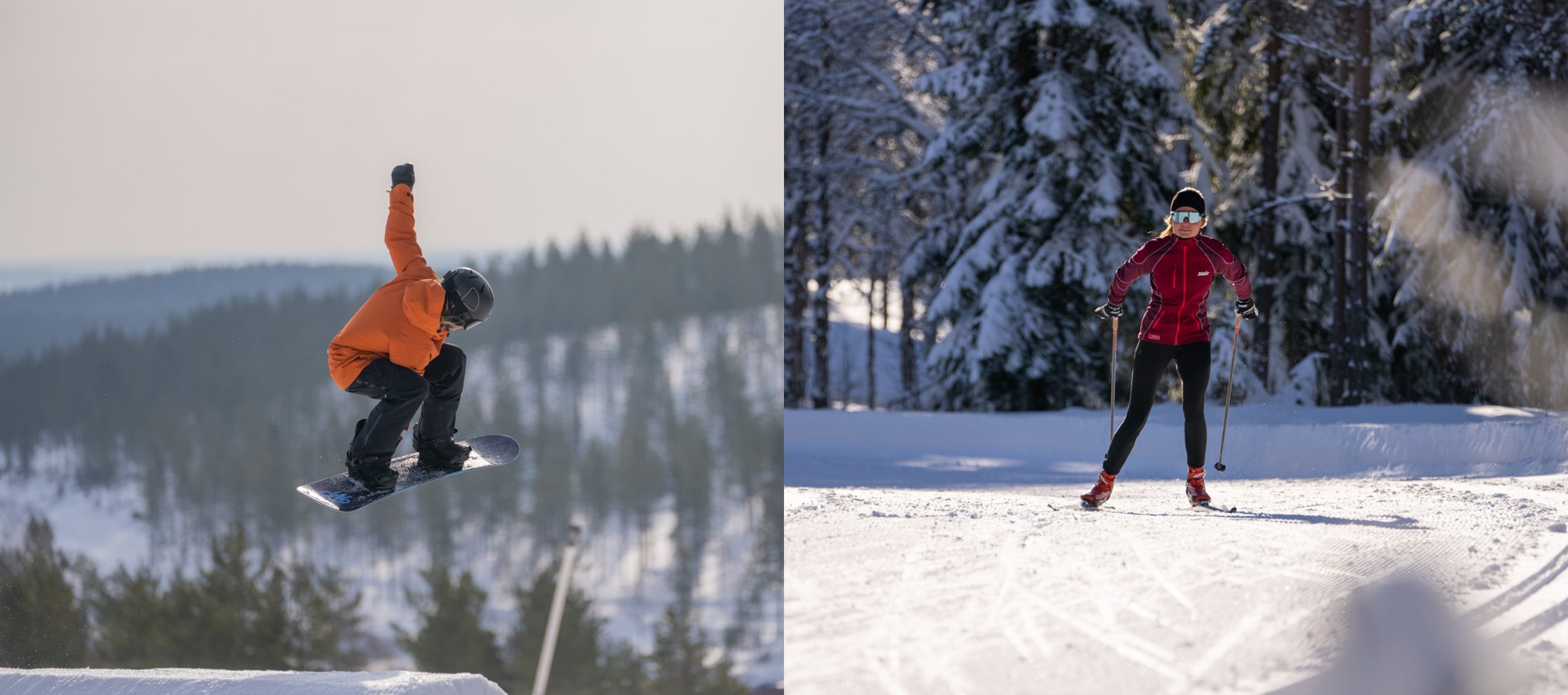 Til venstre laver en snowboarder i orange jakke et hop i snowparken. Til højre går en person langrend i et solrigt, snedækket skovlandskab.